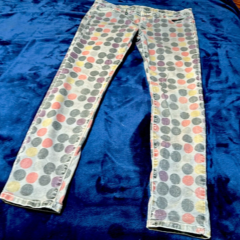 Quirky straight legged gray jeans with polka dots, gently used